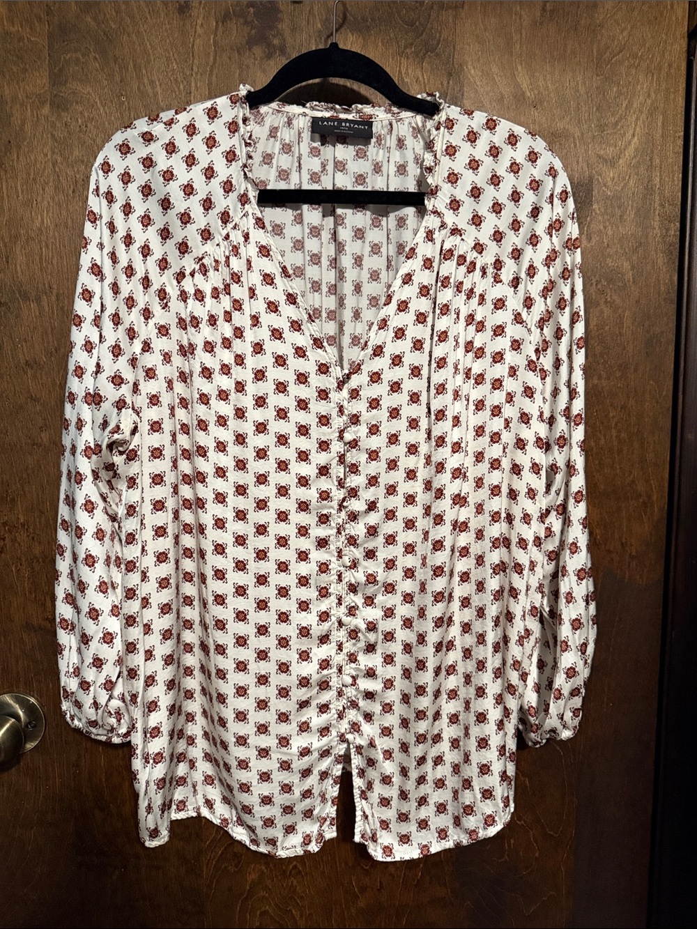 Lane Bryant cream Button-Down Blouse with Rust Print